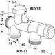 Schemazeichnung eines Thermostatventils von IMI Hydronic Engineering mit mehreren Anschlussmöglichkeiten. Maße und Gewinde in Millimetern angegeben.